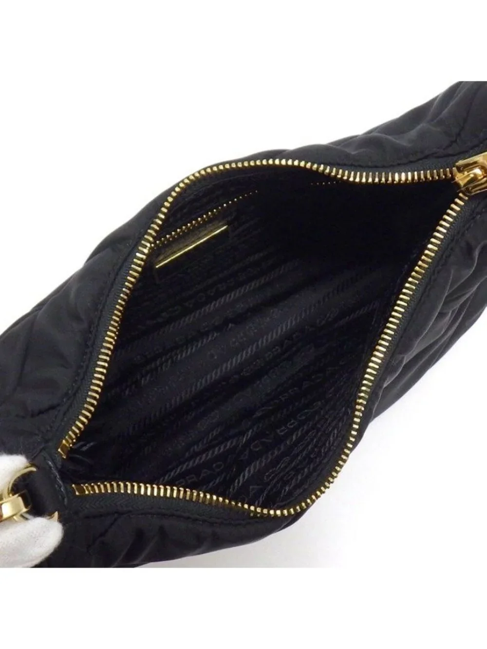 Prada Shoulder Bag Patted Quilted Re-Nylon Black Recycled Polyamide Gold